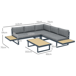 Salon de jardin d'angle 5 places avec table basse coussins alu gris aspect bois