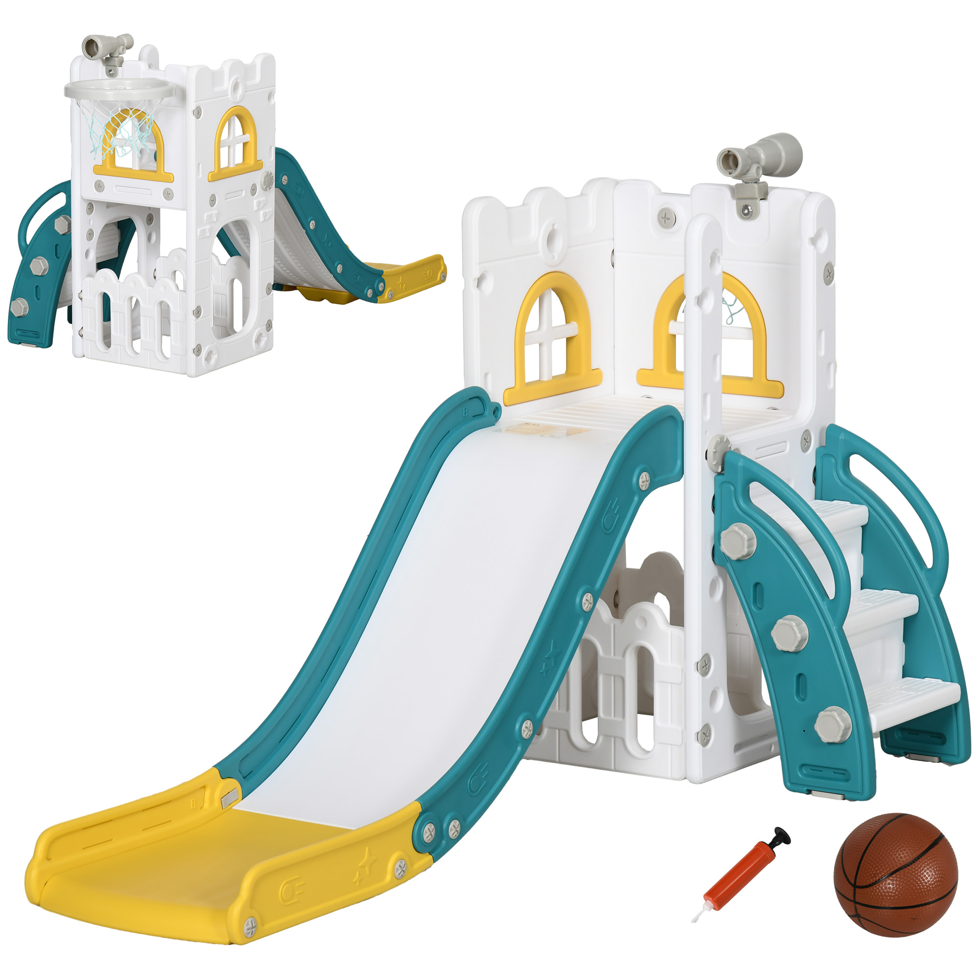 Toboggan pour enfant multifonction - télescope, panier basketball, espace rangement - HDPE blanc vert turquoise
