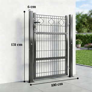 Puerta de Jardín 100x131 cm, Puerta para Valla de Barra de Metal Galvanizado con Manilla, Cerradura, 3 Llaves y 2 Postes, para Entrada de Exterior, Terraza, Patio, Gris Oscuro