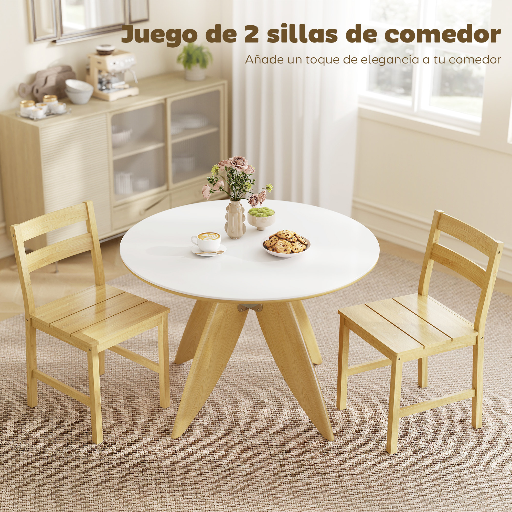 Juego de 2 Sillas de Comedor de Bambú, Sillas de Cocina con Asiento con Listones, Respaldo Curvado, Sin Brazos, para Sala de Estar, Natural