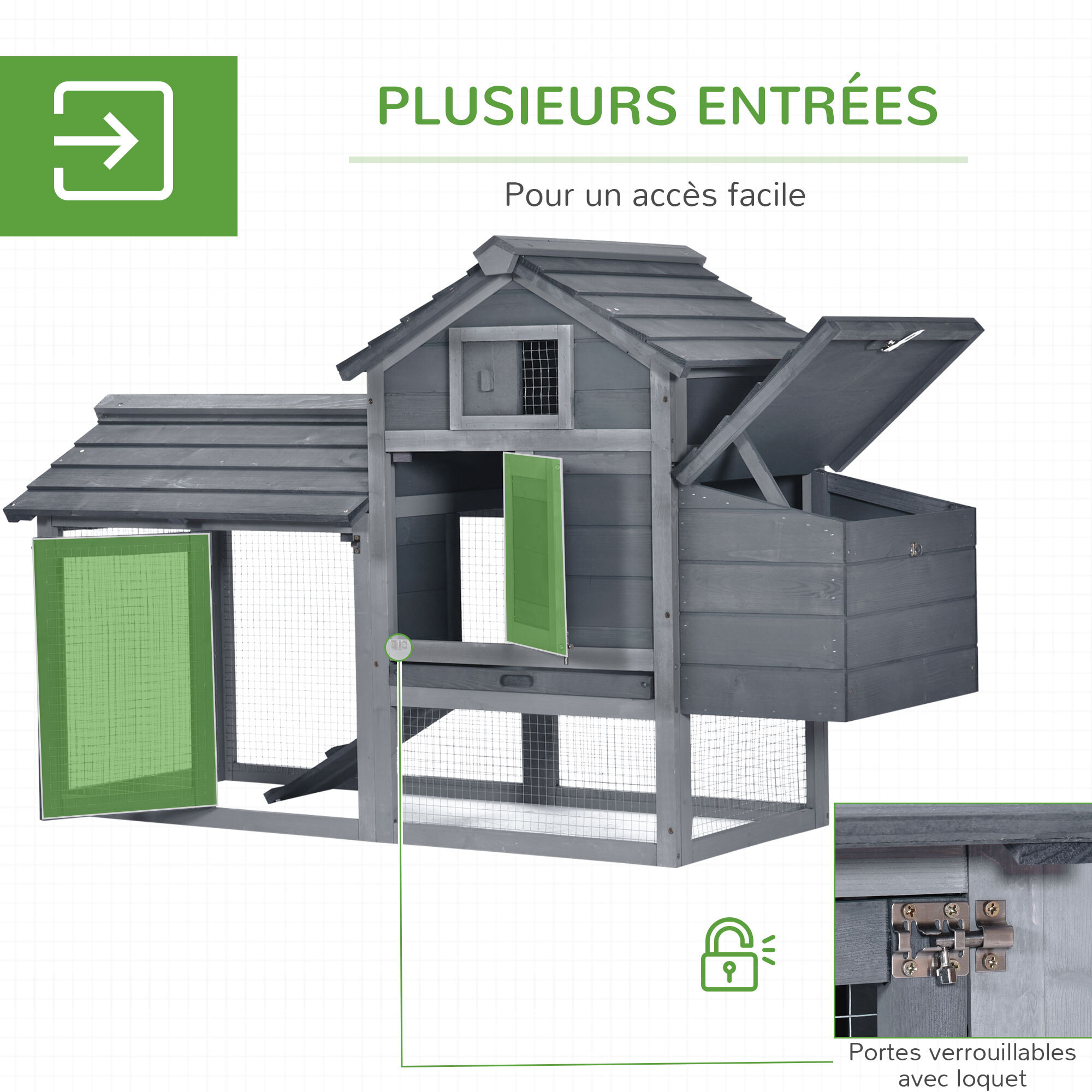 Petit poulailler cottage cage à poules sur pied dim. 151L x 54l x 87H cm multi-équipement bois massif de pin gris