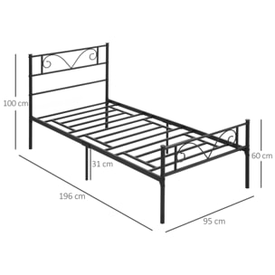 Marco de Cama Individual de Metal 31 cm para Colchón 90x190 cm con Cabecera Forma de Mariposa Estructura de Cama con Espacio Bajo de Almacenamiento 95x196x100 cm Negro