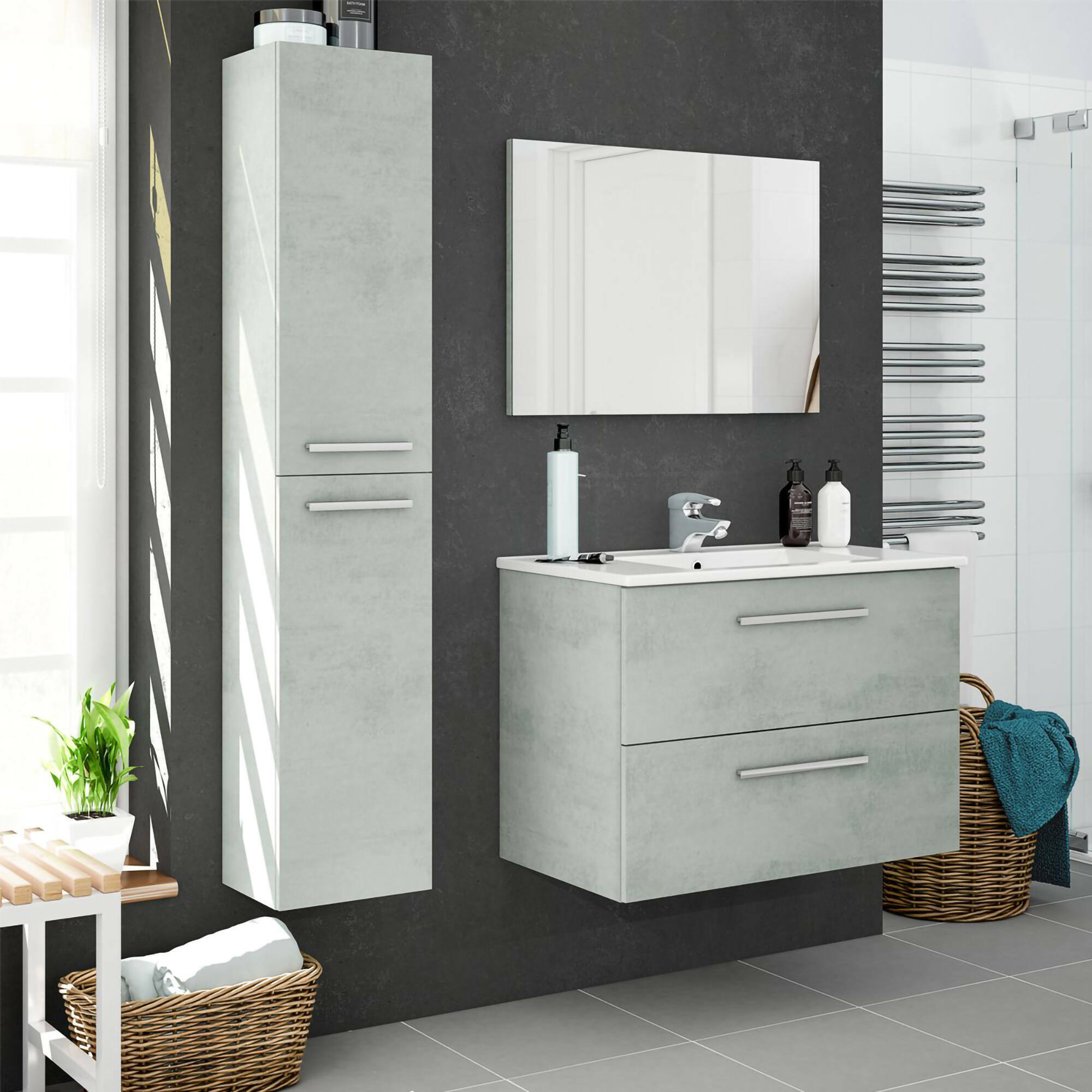 Colonna bagno Alexandria, Mobile a colonna per bagno a 2 ante, Armadio pensile sospeso con 2 ripiani, cm 30x25h150, Grigio cemento