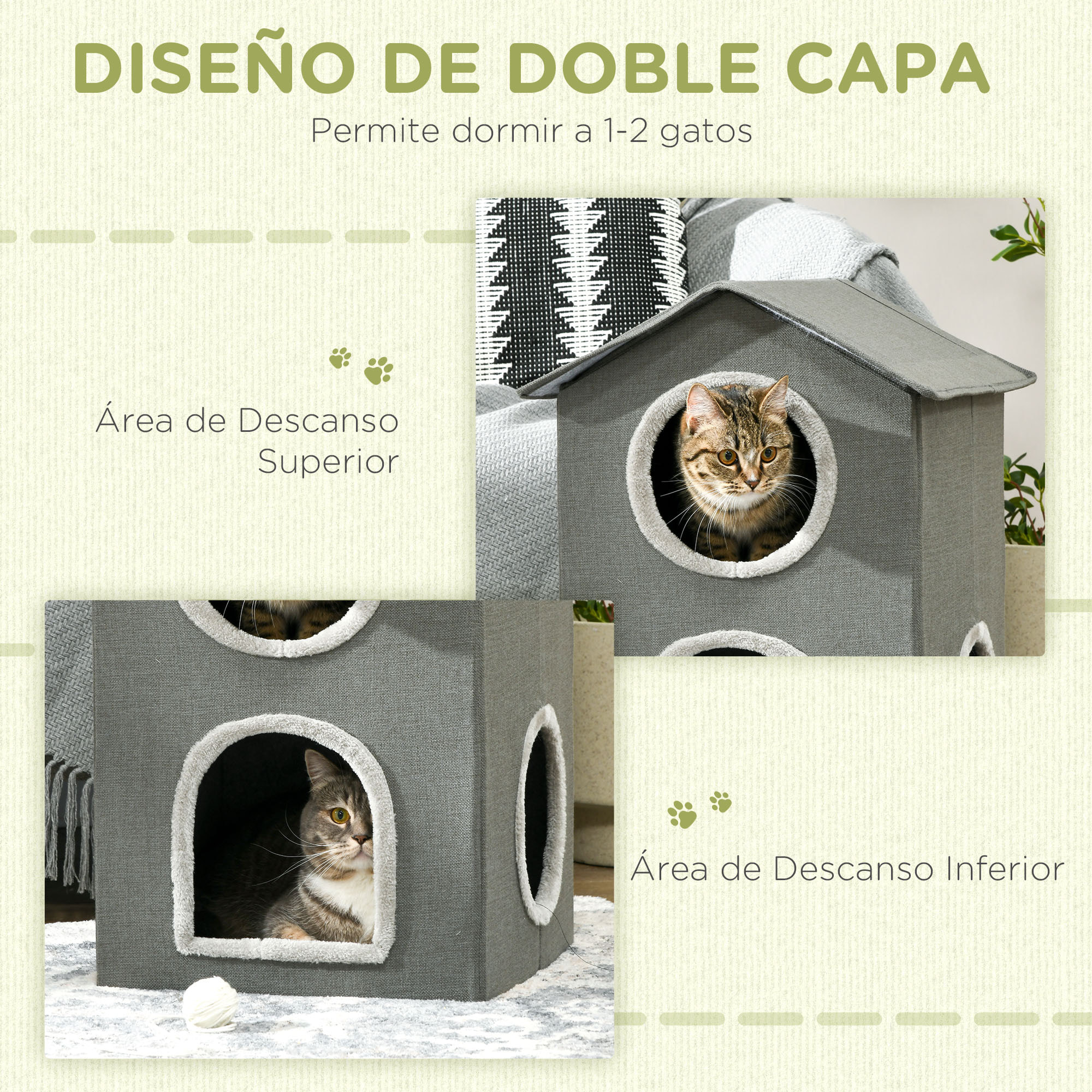 Casa para Gatos de 2 Niveles Cama para Gatos Cueva para Gatos con 3 Puertas y Cojines Lavables 42x46x59,5 cm Gris