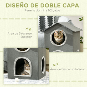 Casa para Gatos de 2 Niveles Cama para Gatos Cueva para Gatos con 3 Puertas y Cojines Lavables 42x46x59,5 cm Gris
