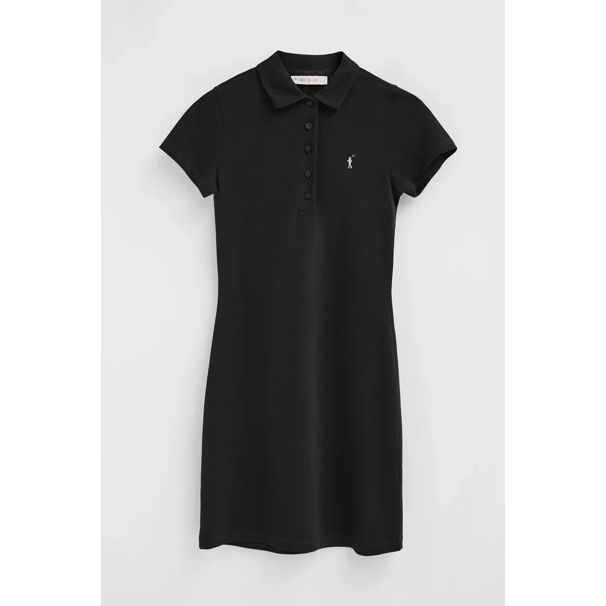 Vestido corto negro de manga corta con cuello polo y logo Rigby Go