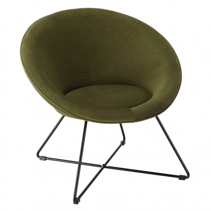 ALBANE - Fauteuil tissu velours vert olive pieds croisés métal noir