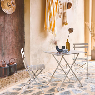 Table de jardin bistrot pliante métal + 2 assises beige 70 x 70cm. acier thermolaqué