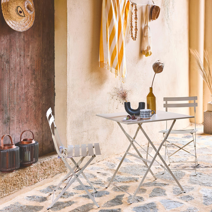 Table de jardin bistrot pliante métal + 2 assises beige 70 x 70cm. acier thermolaqué