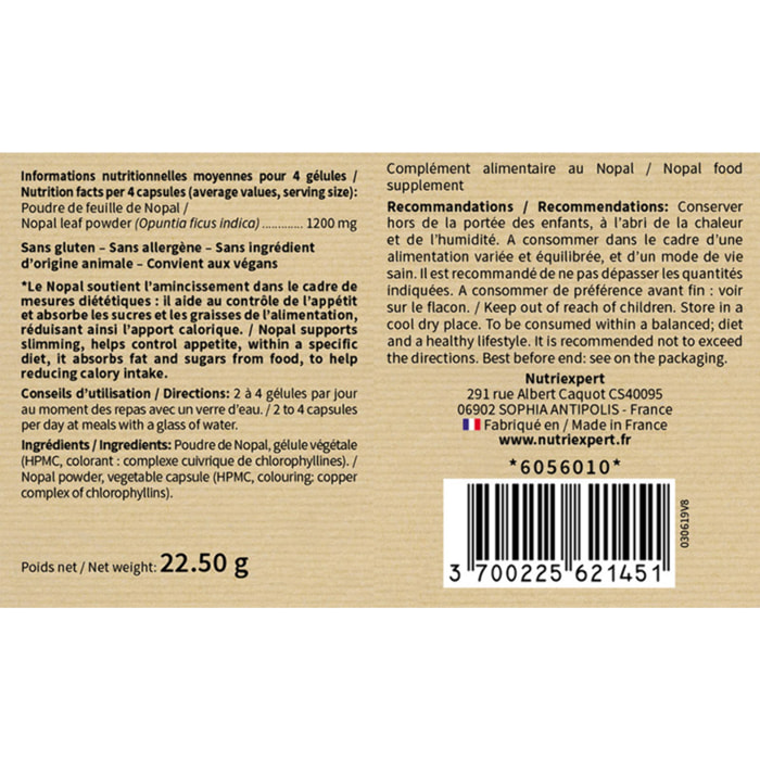 NUTRI EXPERT - Nopal - Capte les graisses et sucres- Favorise la satiété - Réduit appétit et apport calorique des repas - 100% extraits d'origine naturelle - Convient aux végans - 60 Gélules végétales