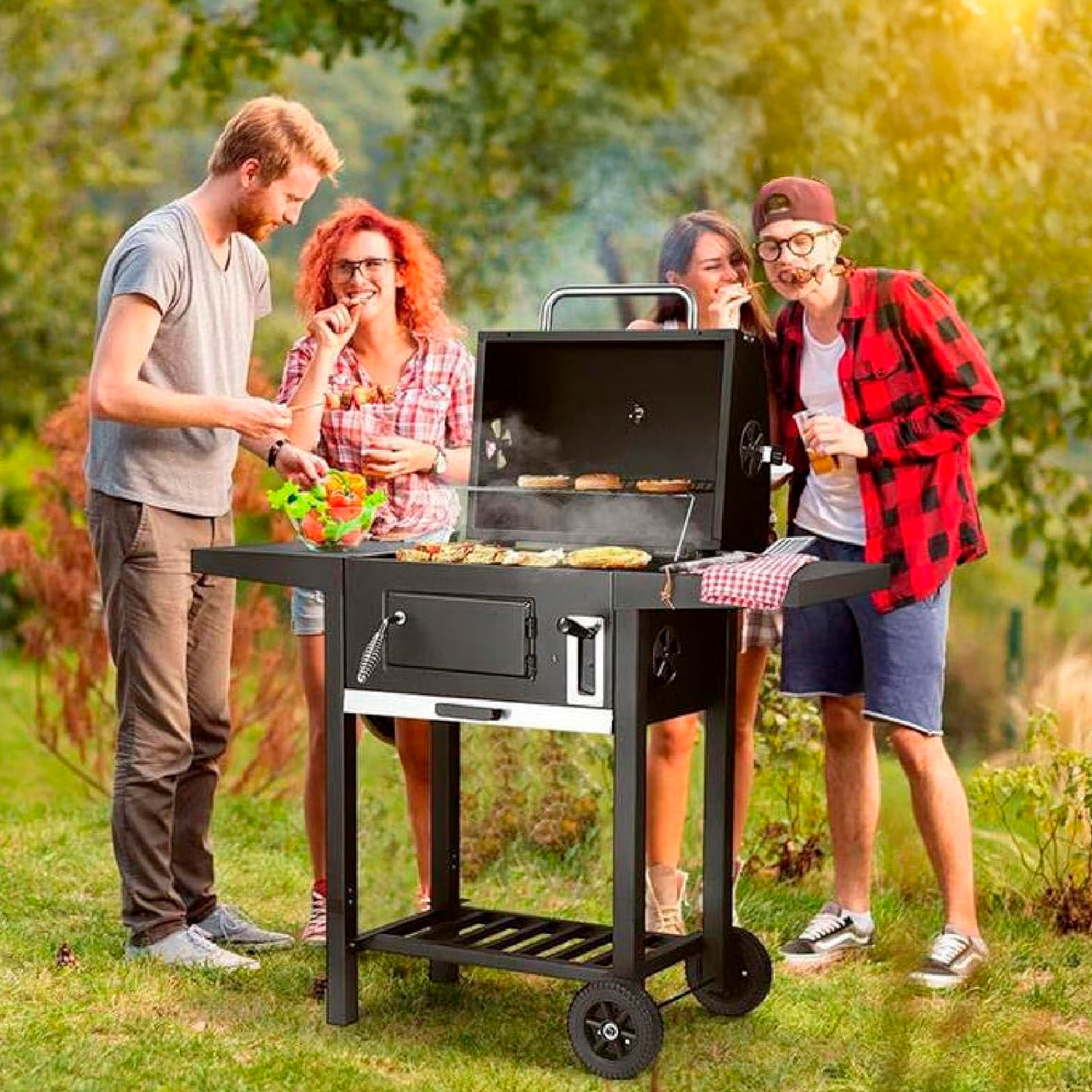 Barbacoa portatil de hierro con bandeja de brasas con altura regulable y termómetro.