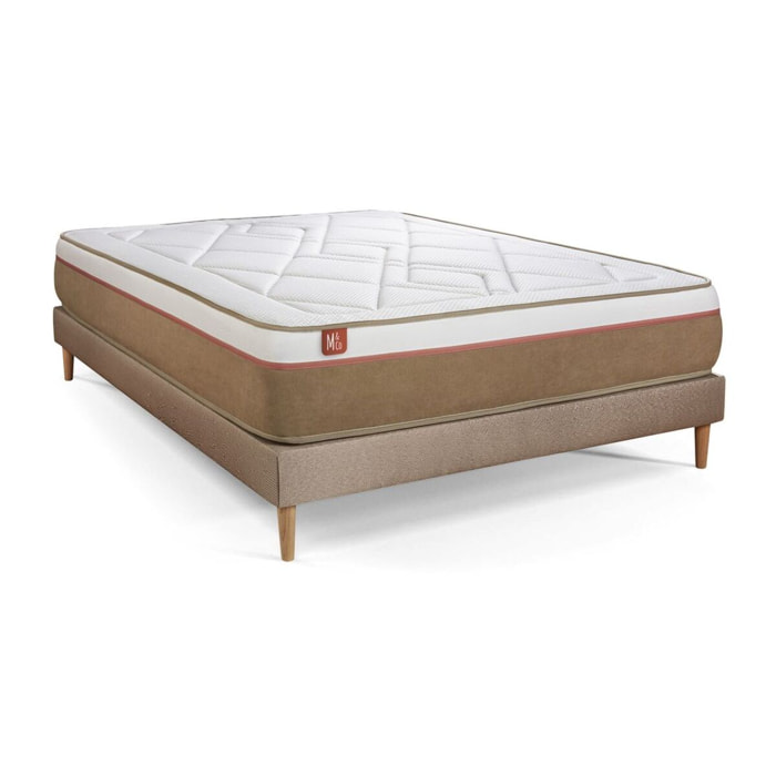 Ensemble Matelas Le Soyeux - 24cm - Ressorts ensachés et mémoire de forme - Equilibré - Sommier Tapissier Beige