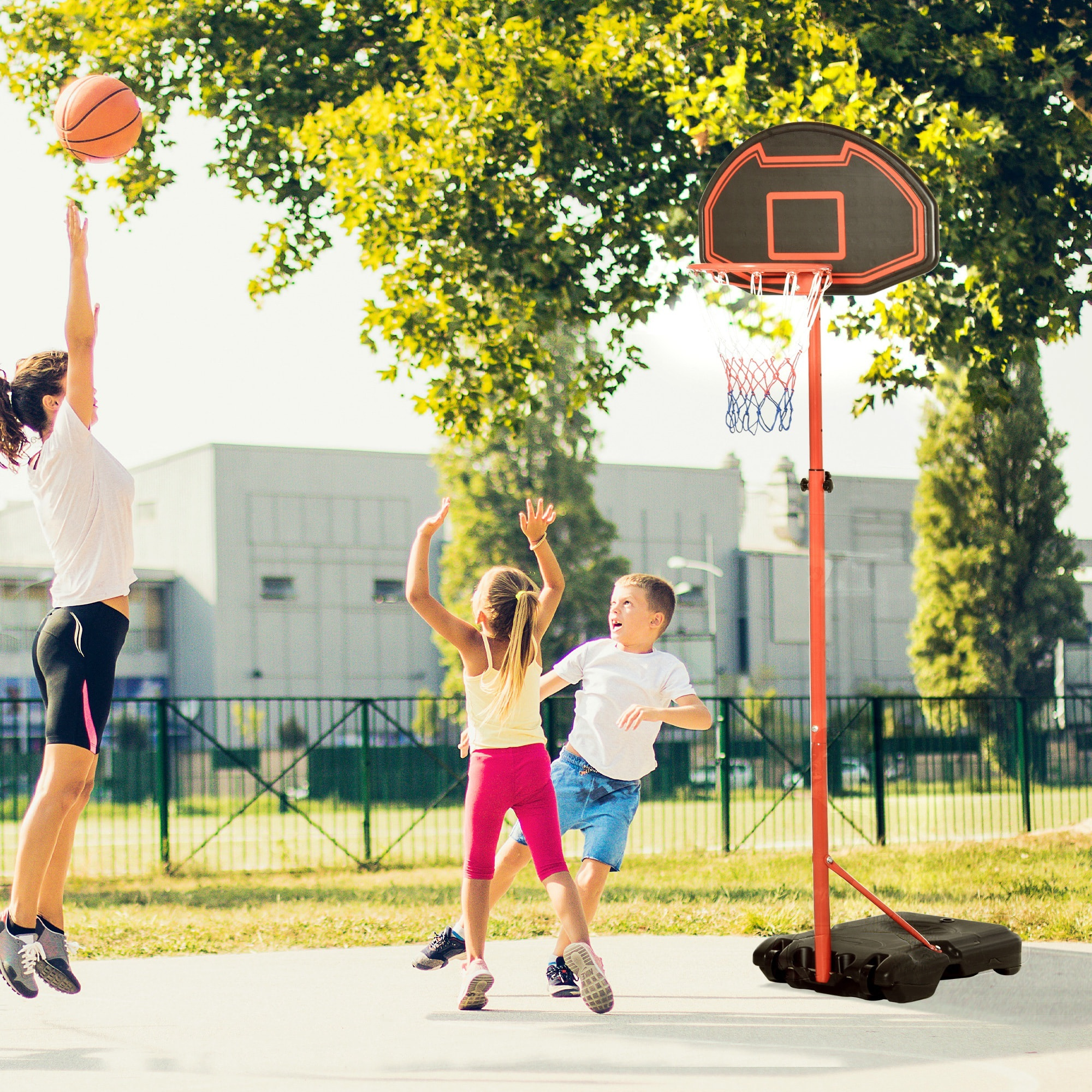 Panier de Basket-Ball sur pied avec poteau panneau, base de lestage sur roulettes hauteur réglable 1,55 - 2,1 m rouge noir