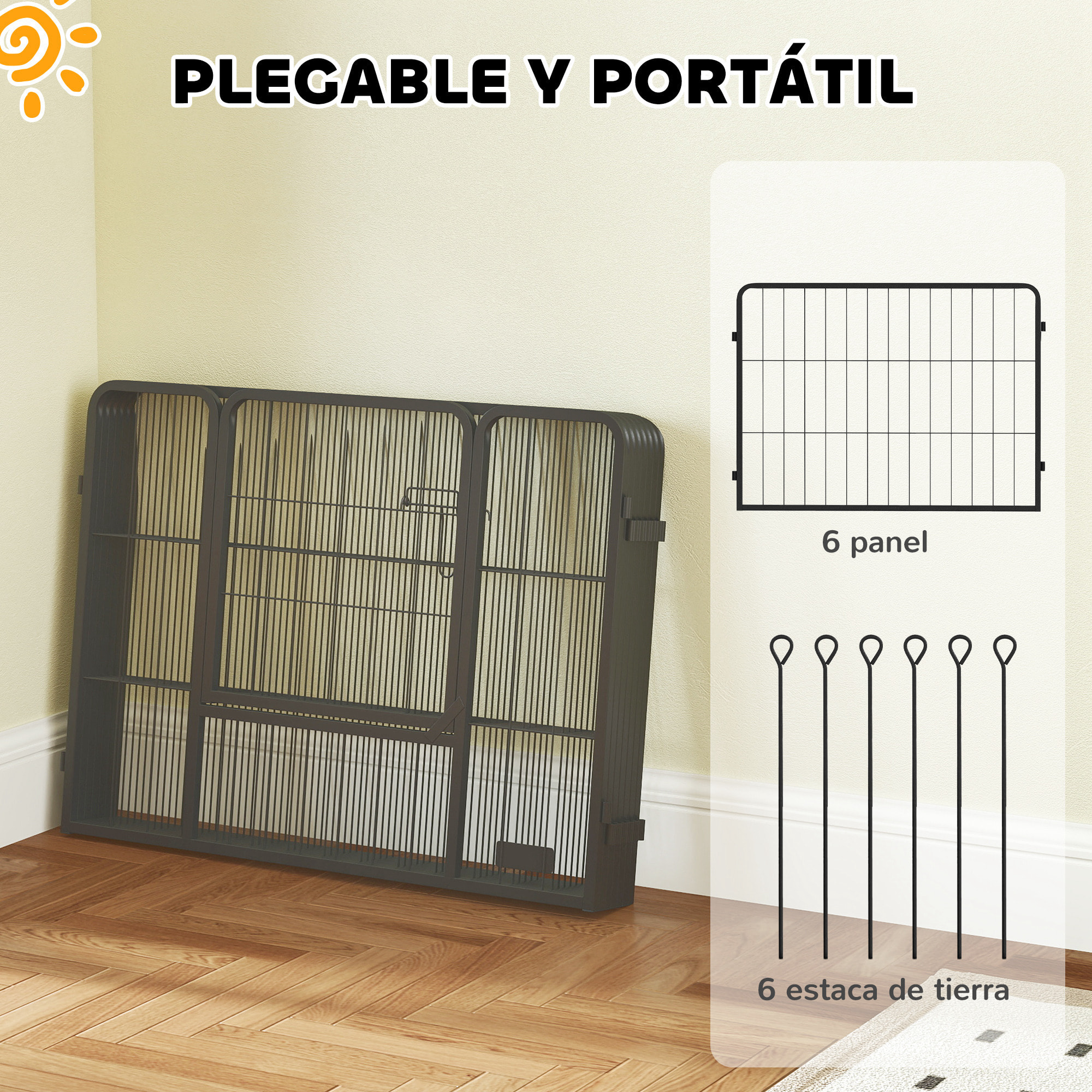 Parque para Perros de 6 Paneles de 60 cm de Altura, Vallas para Perros de Acero Plegable, con Puerta, para Interior y Exterior, Negro