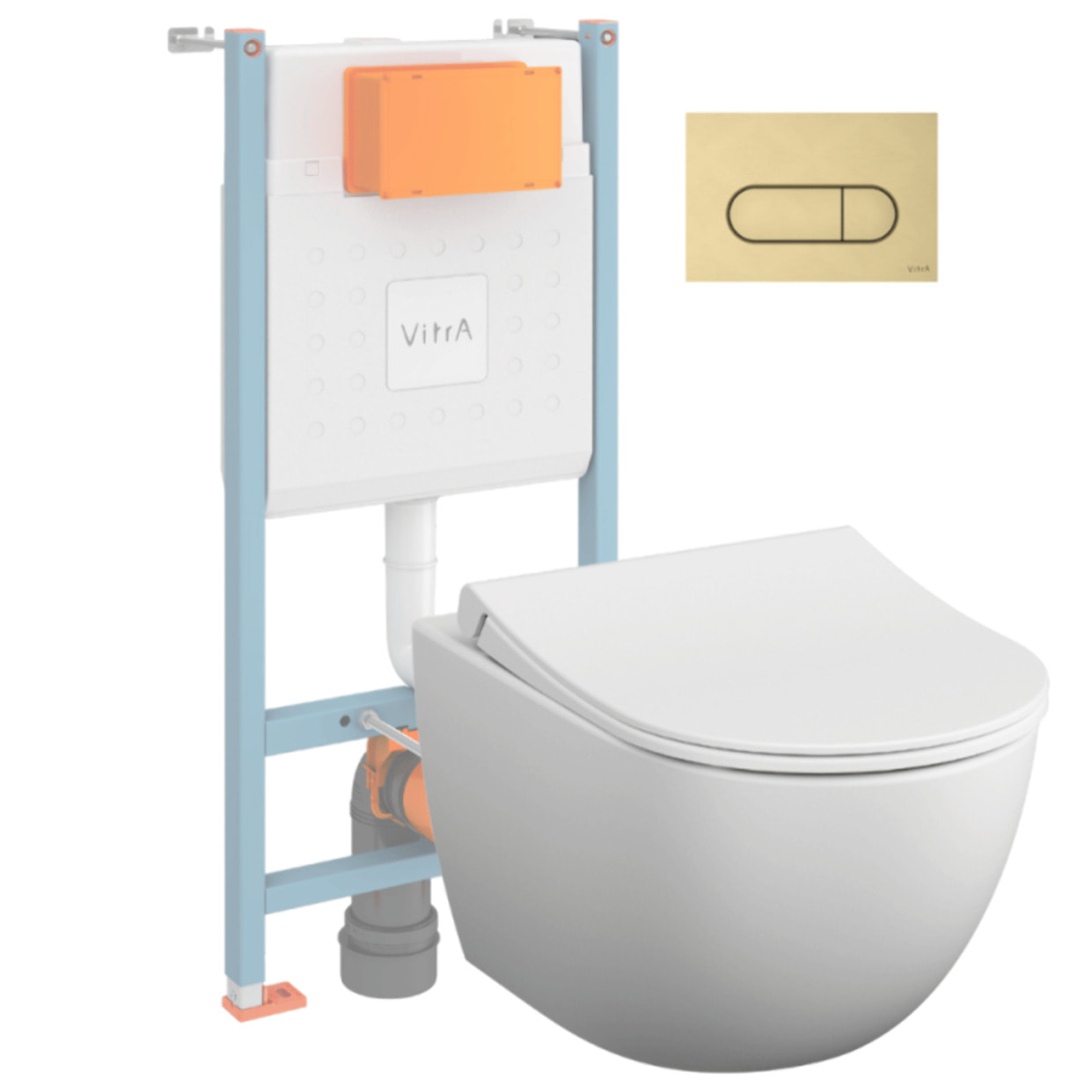 Pack WC suspendu VITRA Sento blanc mat + bâti autoportant V-Fix Core + Plaque Round or brossé