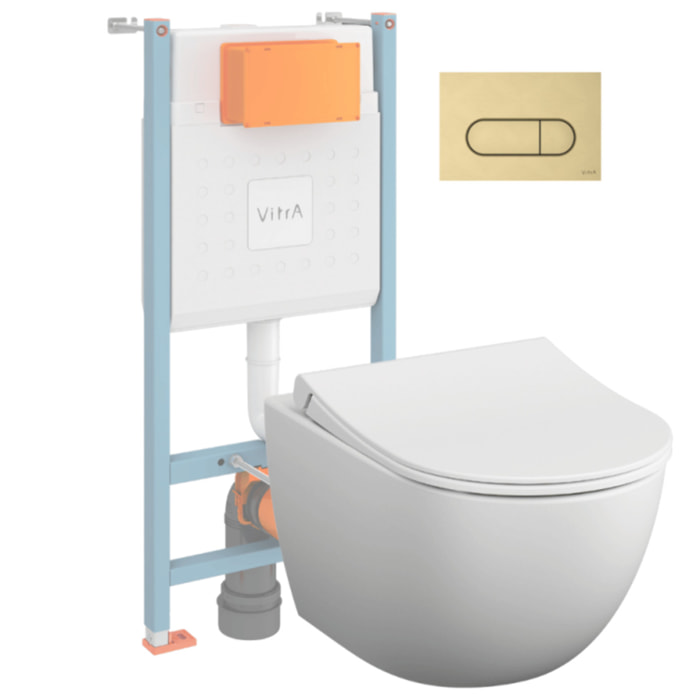 Pack WC suspendu VITRA Sento blanc mat + bâti autoportant V-Fix Core + Plaque Round or brossé