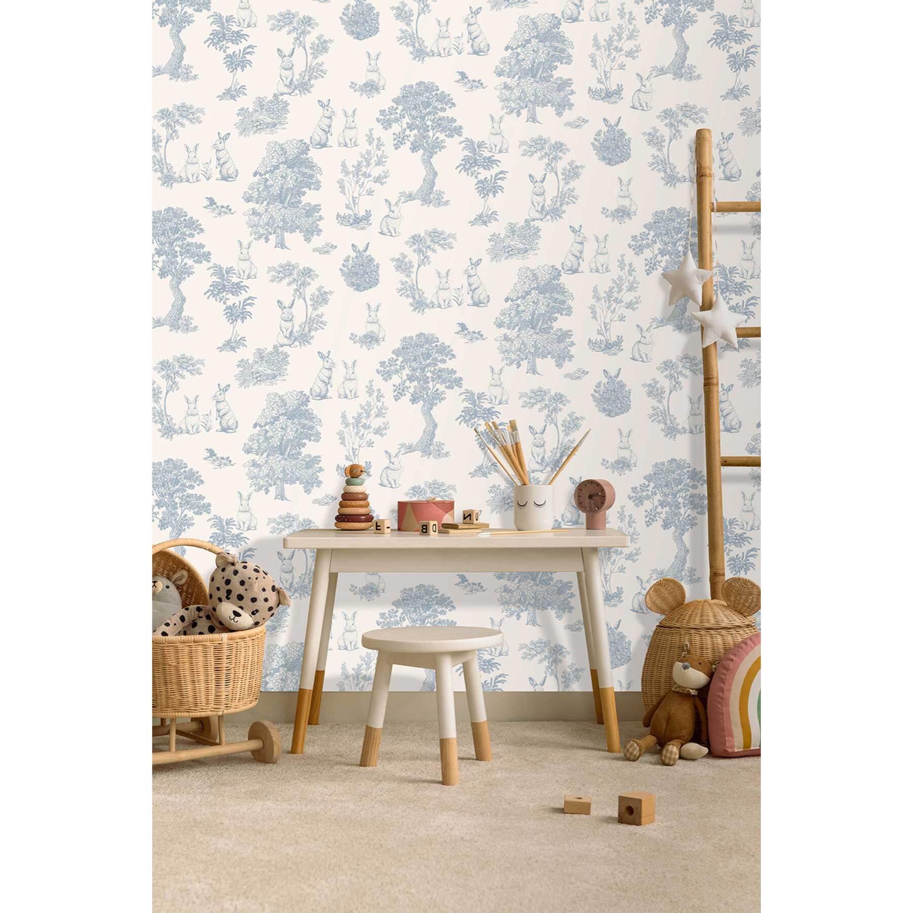 Papier peint lapin toile de Jouy bleu blanc