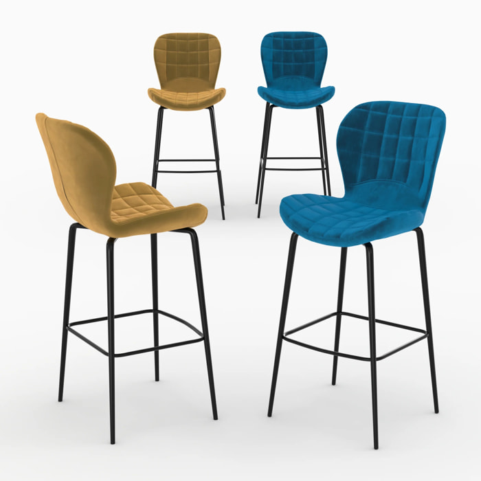 Pack 4 chaises de bar en velours jaune et bleu 75 cm - Mazzia