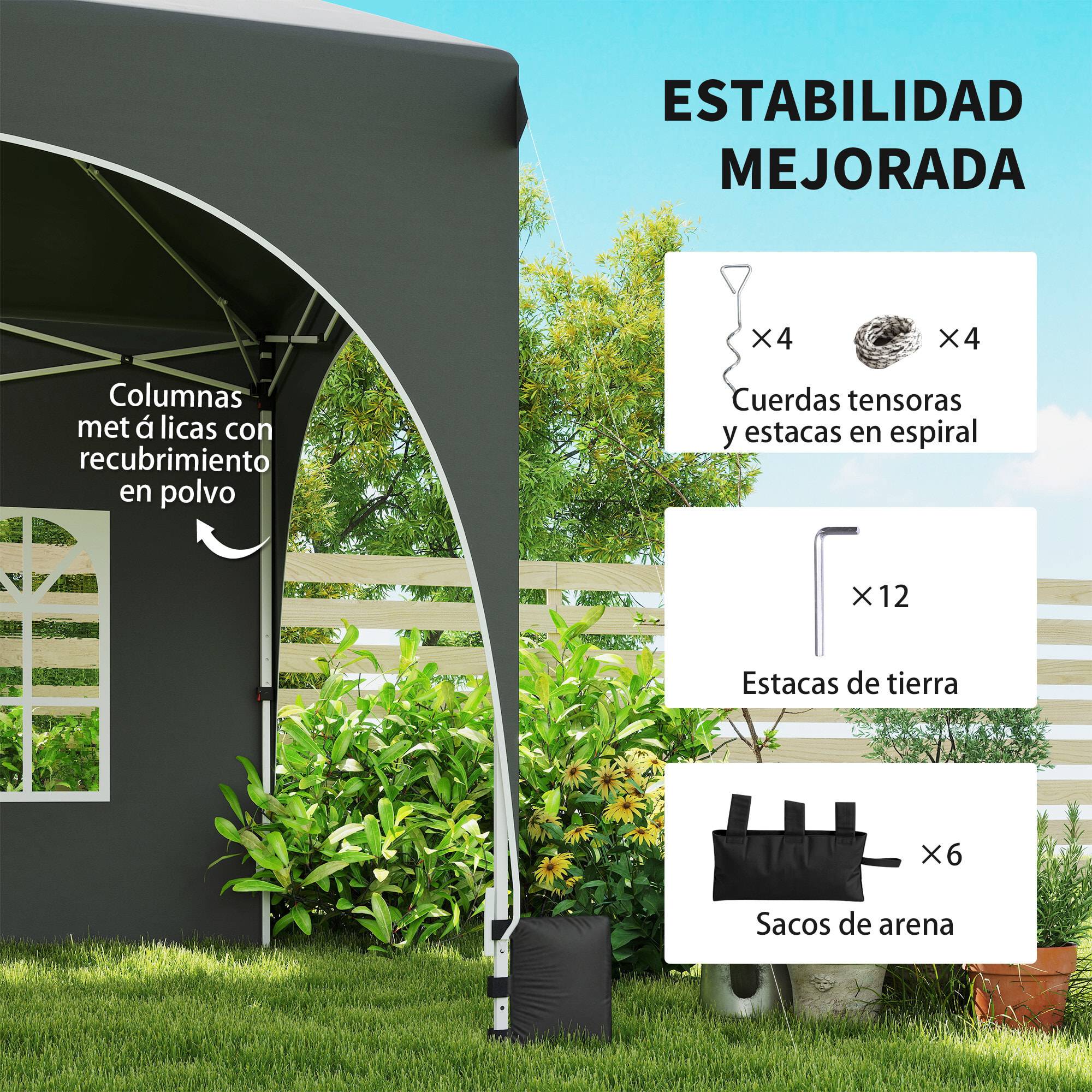 Carpa Plegable 6x3 m, Pop-up, con 6 Laterales Extraíbles, Cenador de Jardín con Altura Ajustable, Ventanas, Bolsa de Transporte, UPF30+, Gazebo para Camping, Fiestas, Exterior, Gris Oscuro