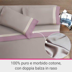Completo letto doppia balza RASO IPERSAN Puro Cotone Malva/Panna fondo Tortora