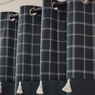 Rideau à œillets avec haut à carreaux et pompons en polycoton - Gris anthracite