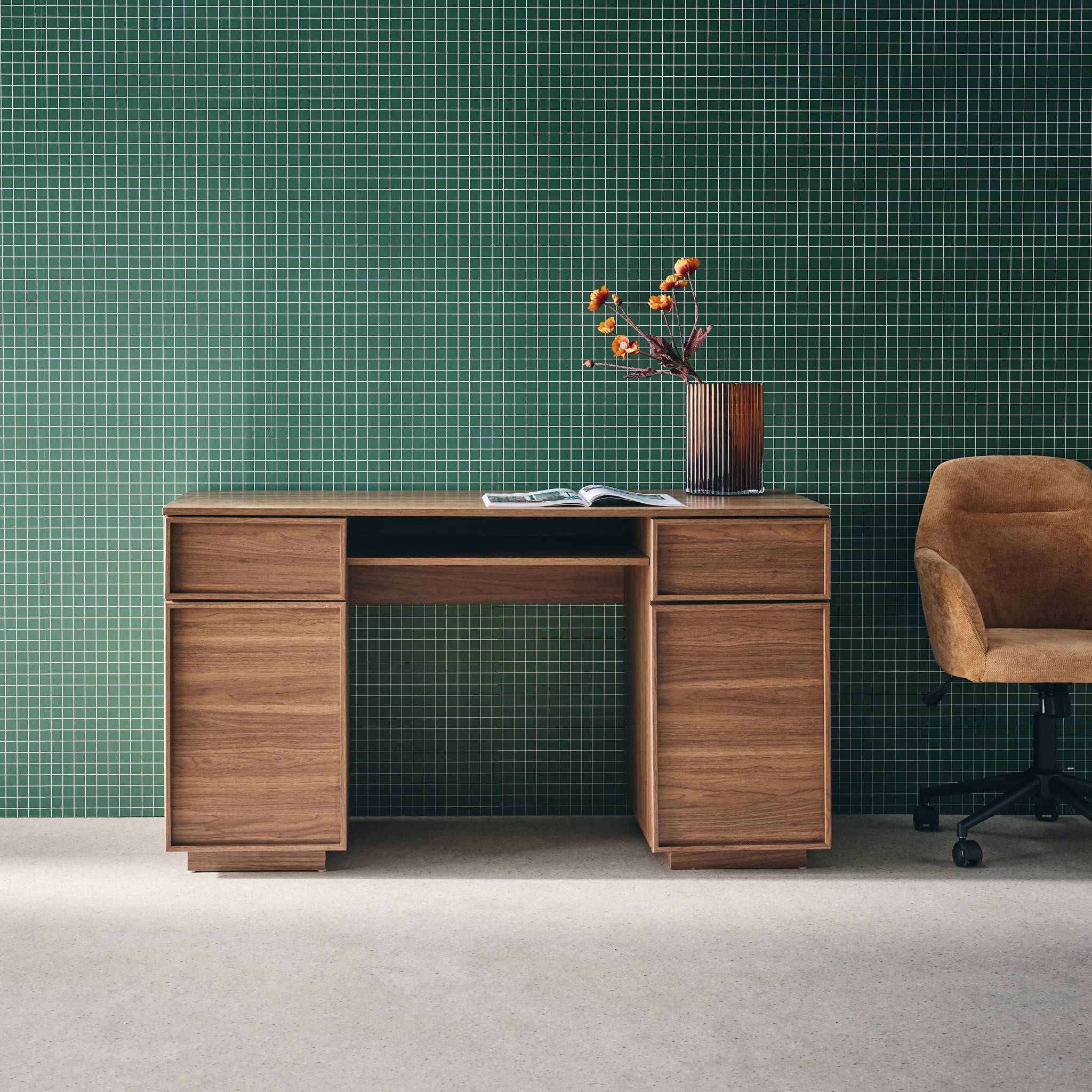 Bureau effet bois noyer 2 portes 2 tiroirs 1 niche 140cm - L 140 x P 55 x H 77cm - Kuba