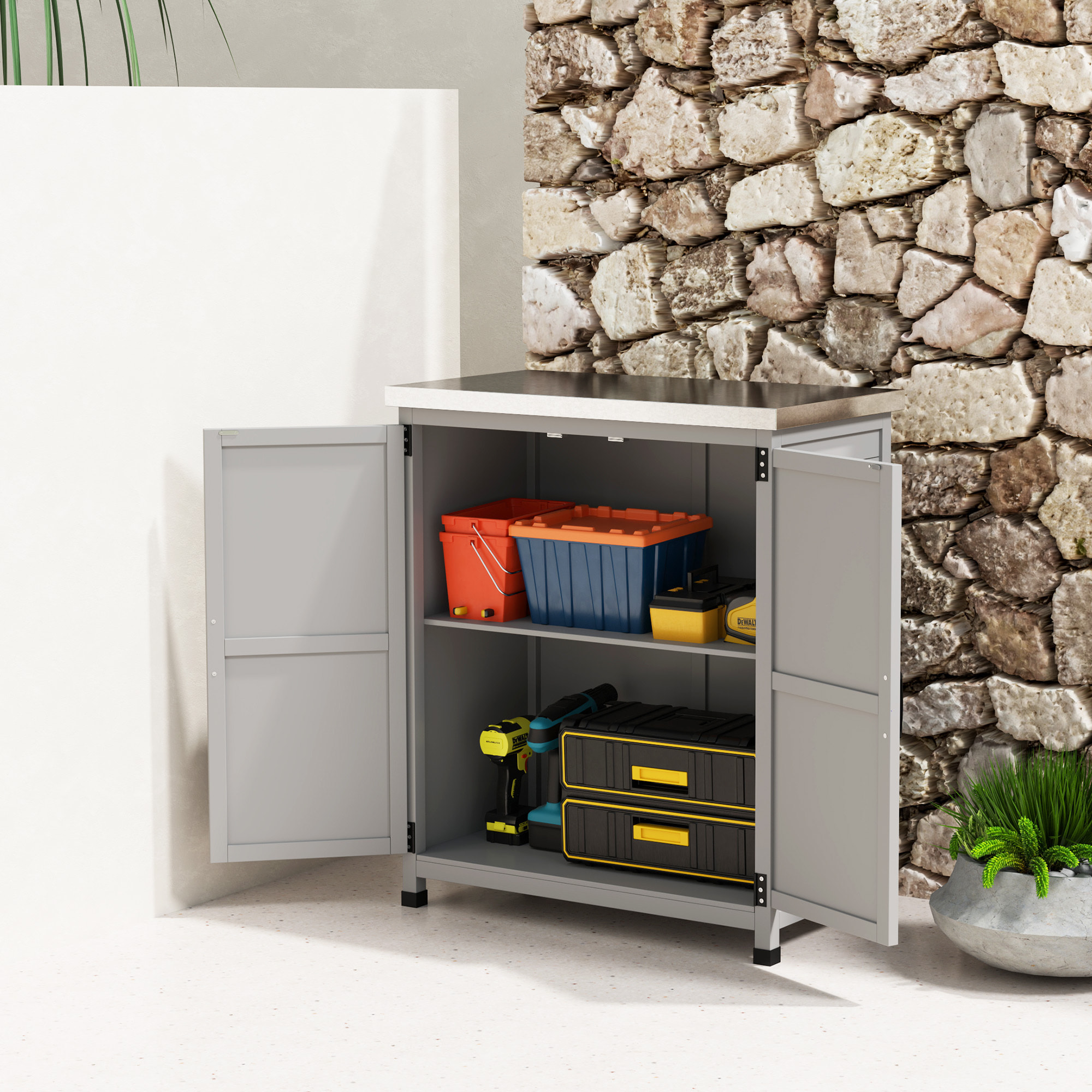 Armario de Exterior de Madera, Caseta de Jardín Exterior con Techo de Acero Galvanizado, Estante, 2 Puertas, Cobertizo de Jardín para Almacenamiento de Herramientas, 79x43x92 cm, Gris