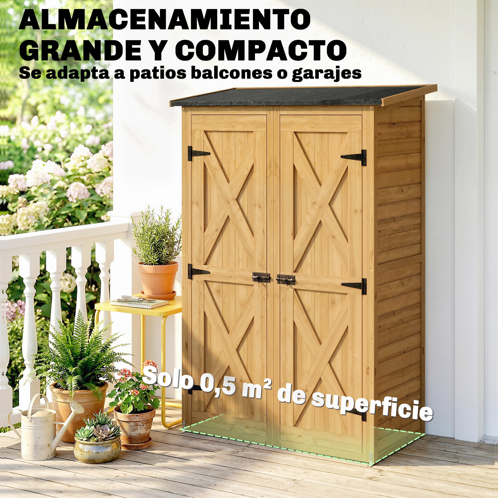 Caseta de Jardín de Madera 115x53x156 cm, Cobertizo Jardín Exterior, Armario Exterior para Herramientas con Puertas Dobles con Pestillo, 2 Estantes y Techo Inclinado, Resistente, Marrón