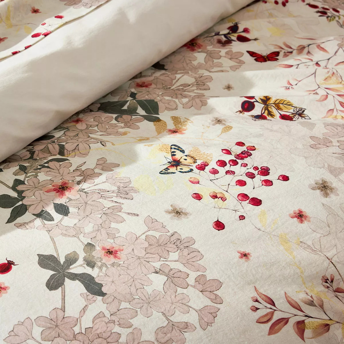 Lot h.couette +taies percale de coton lavé 115 g/m² imprimé beige bordeaux Vintage flowers cranberry