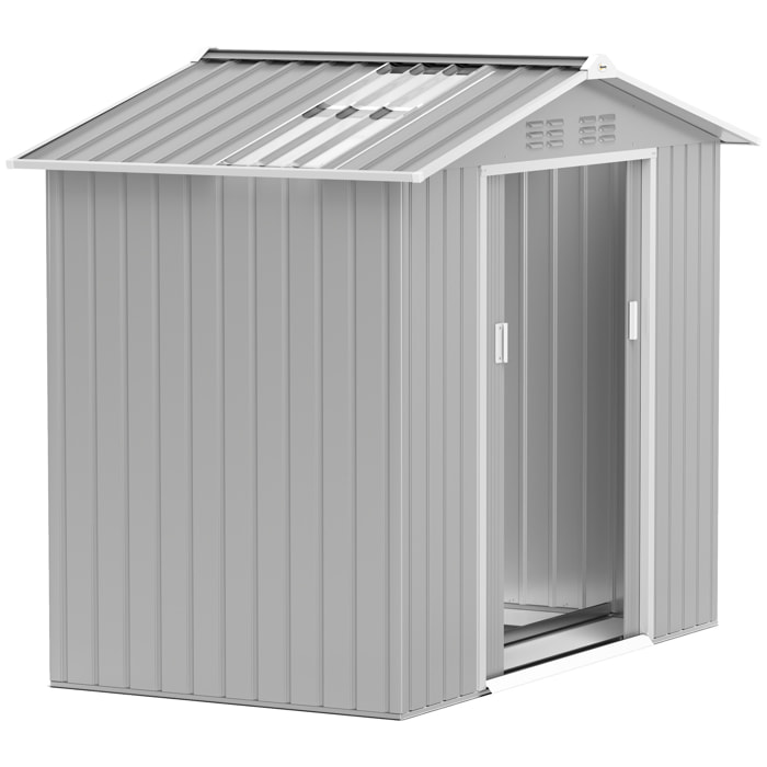 Cobertizo de Jardín 2,42m² con Base de Refuerzo Sin Suelo 213x130x185 cm Caseta de Jardín Exterior con Puertas Correderas Claraboya 4 Ventanas para Almacenamiento de Herramientas Gris Plata