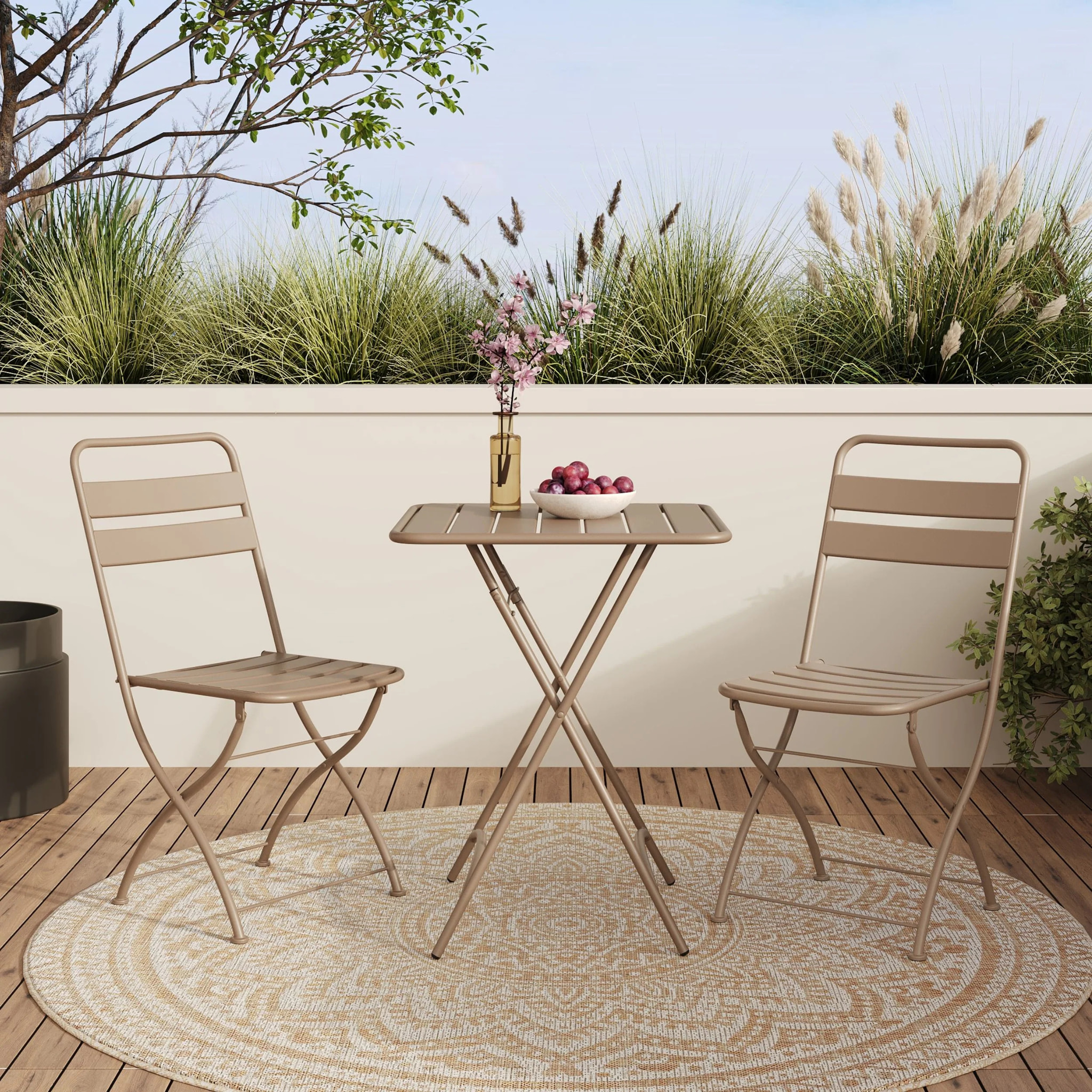 Table et chaises de jardin pliantes 2 personnes en métal taupe - Yumi