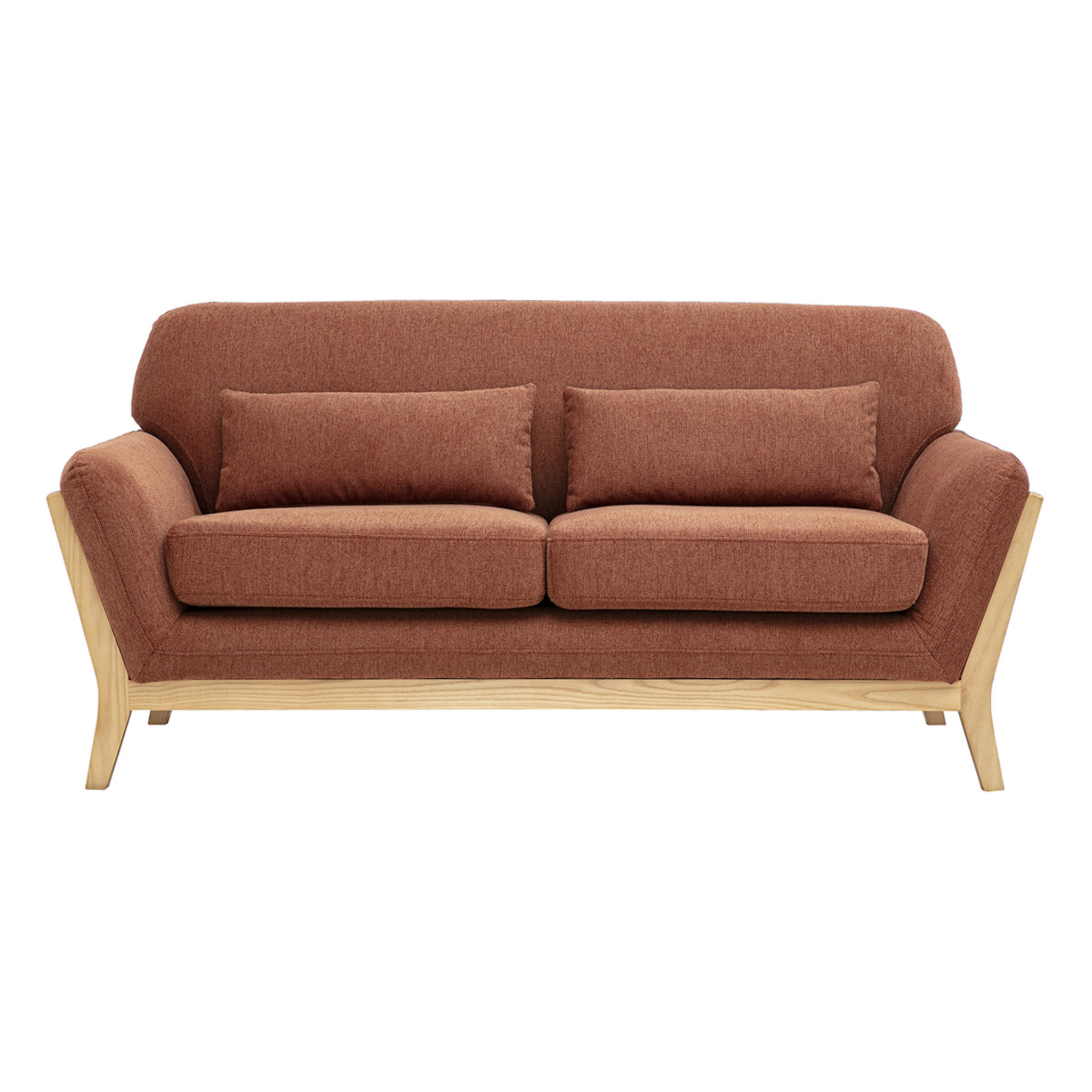Canapé scandinave 2 places en tissu effet velours texturé terre brûlée et bois clair YOKO