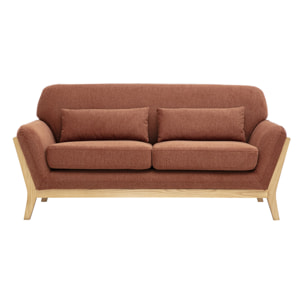 Canapé scandinave 2 places en tissu effet velours texturé terre brûlée et bois clair YOKO