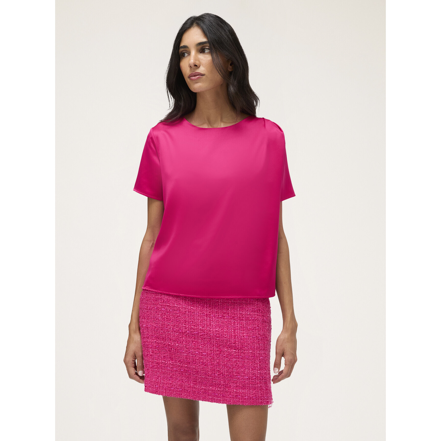 Motivi - Camiseta bimateria con pliegues - Fuchsia