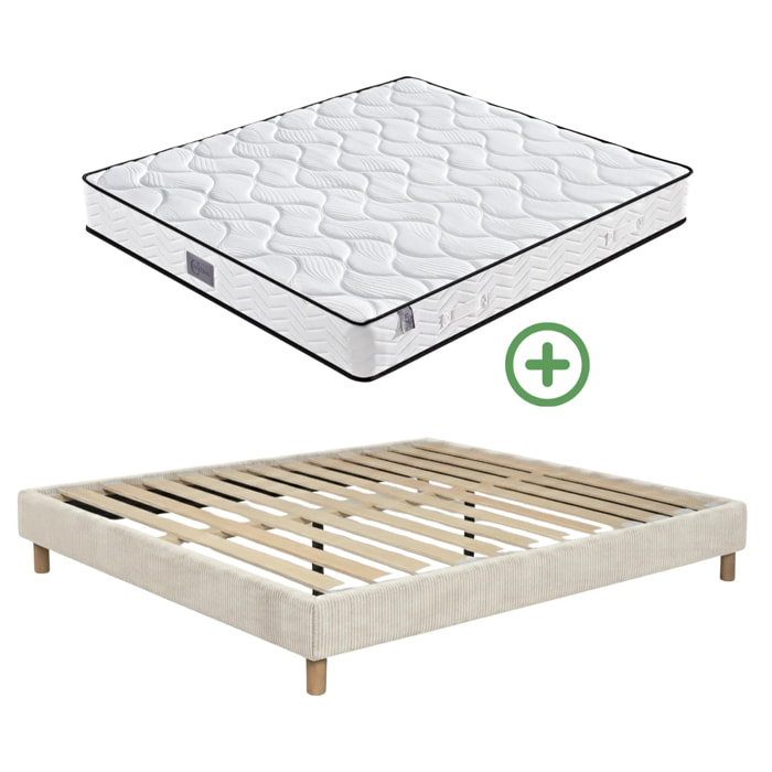 Ensemble matelas Univers & sommier Cancun | Mémoire de forme et ressorts ensachés | Cadre à lattes | Velours côtelé | Beige