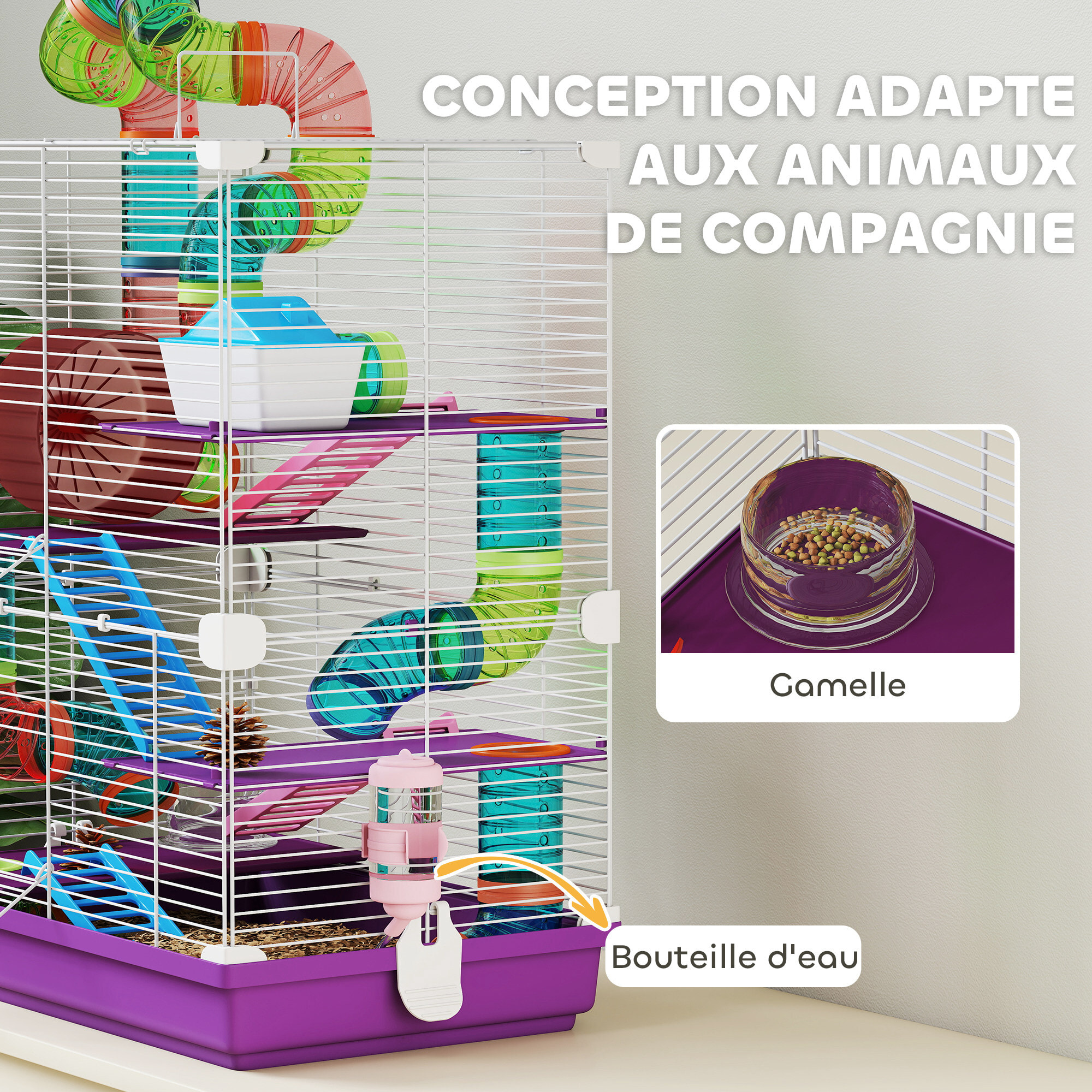 Cage pour hamster souris rongeur 4 étages avec tunnels mangeoire roue maison échelles dim. 46L x 30l x 58H cm violet