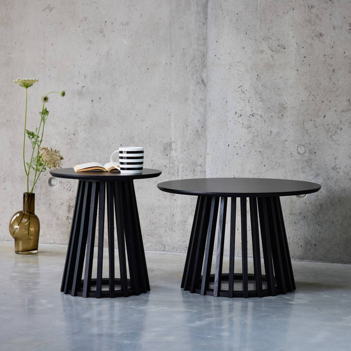 Set de 2 tables basses rondes plateau effet bois noir et pieds en bois de sapin. Ø40cm et Ø60cm