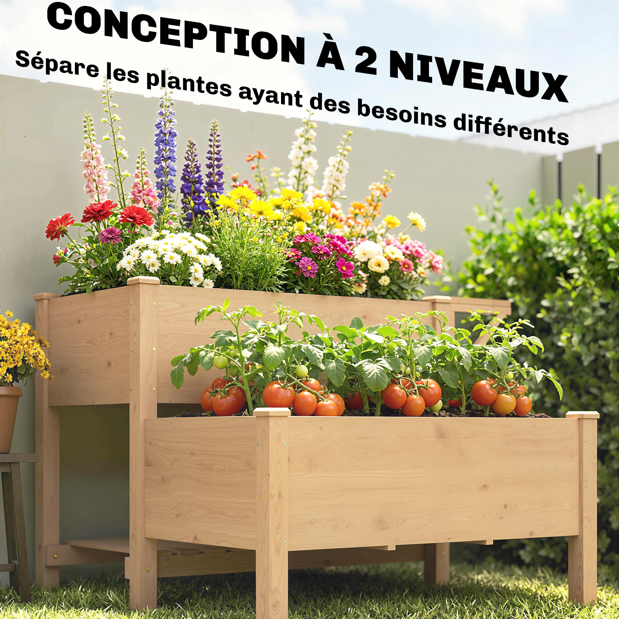 Carré potager bois en escalier sur pieds 2 niv. 2 étagères