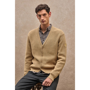 Cardigan in punto costa inglese marrone chiaro con toppa Polo Club
