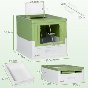 Maison de toilette pliable pour chat - tiroir à litière coulissant, porte battante et trappe transparente, pelle - blanc vert