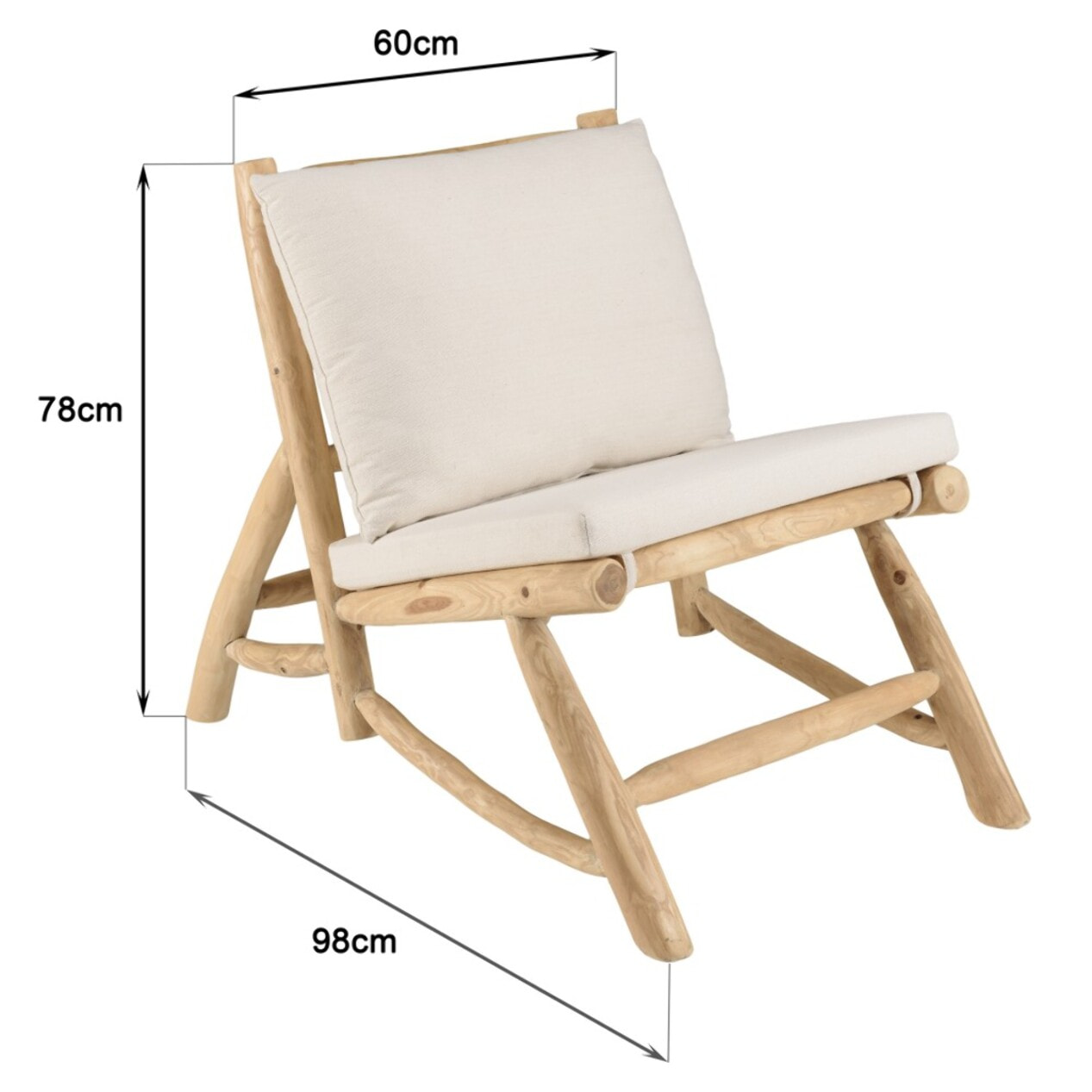 WILL - Fauteuil lounge en branches de teck naturel coussin blanc WILL