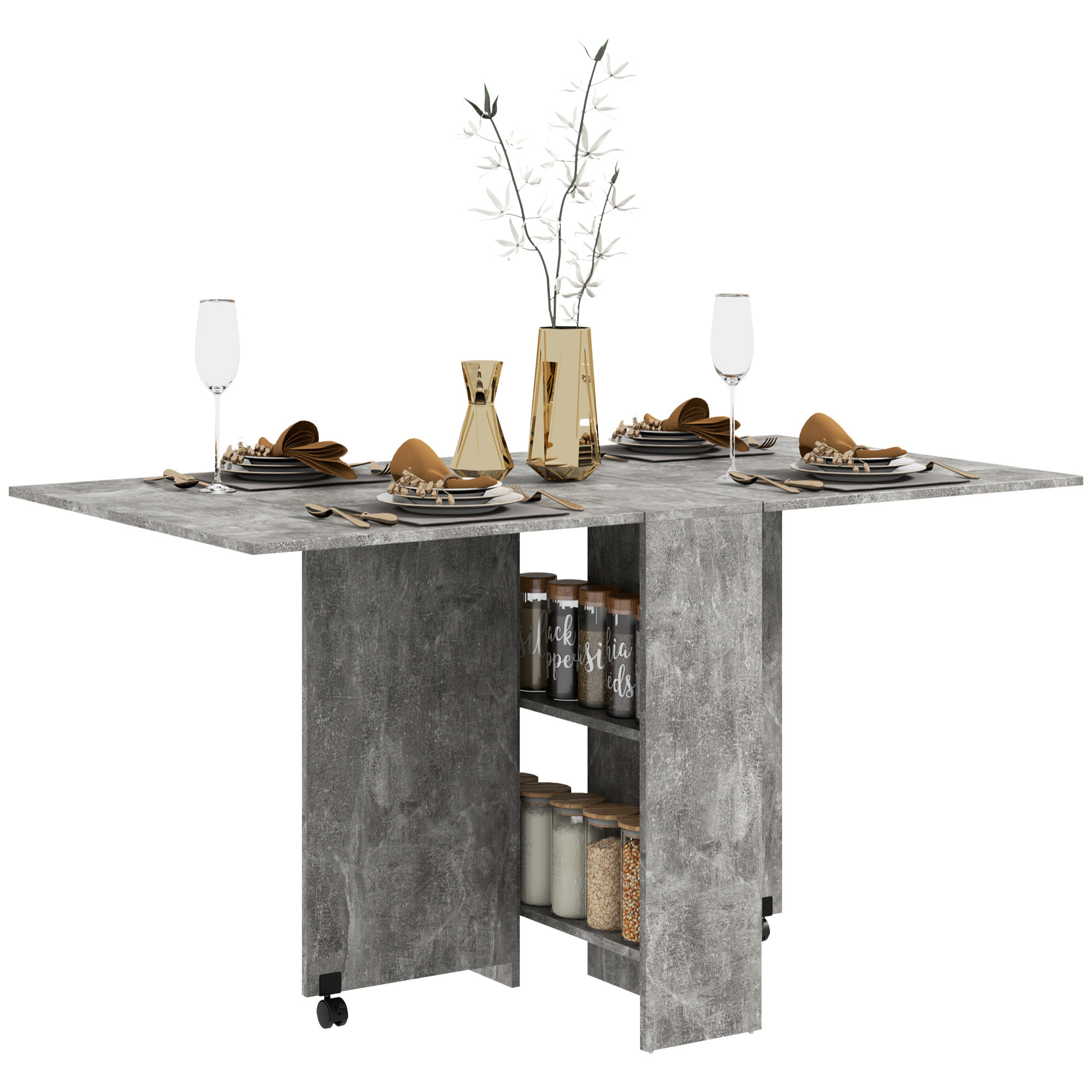 Mesa Plegable de Comedor Mesa de Cocina Plegable con Ruedas Alas Abatibles y Estantes Mesa Plegable para 4-6 Personas 75x140x74 cm Gris Cemento