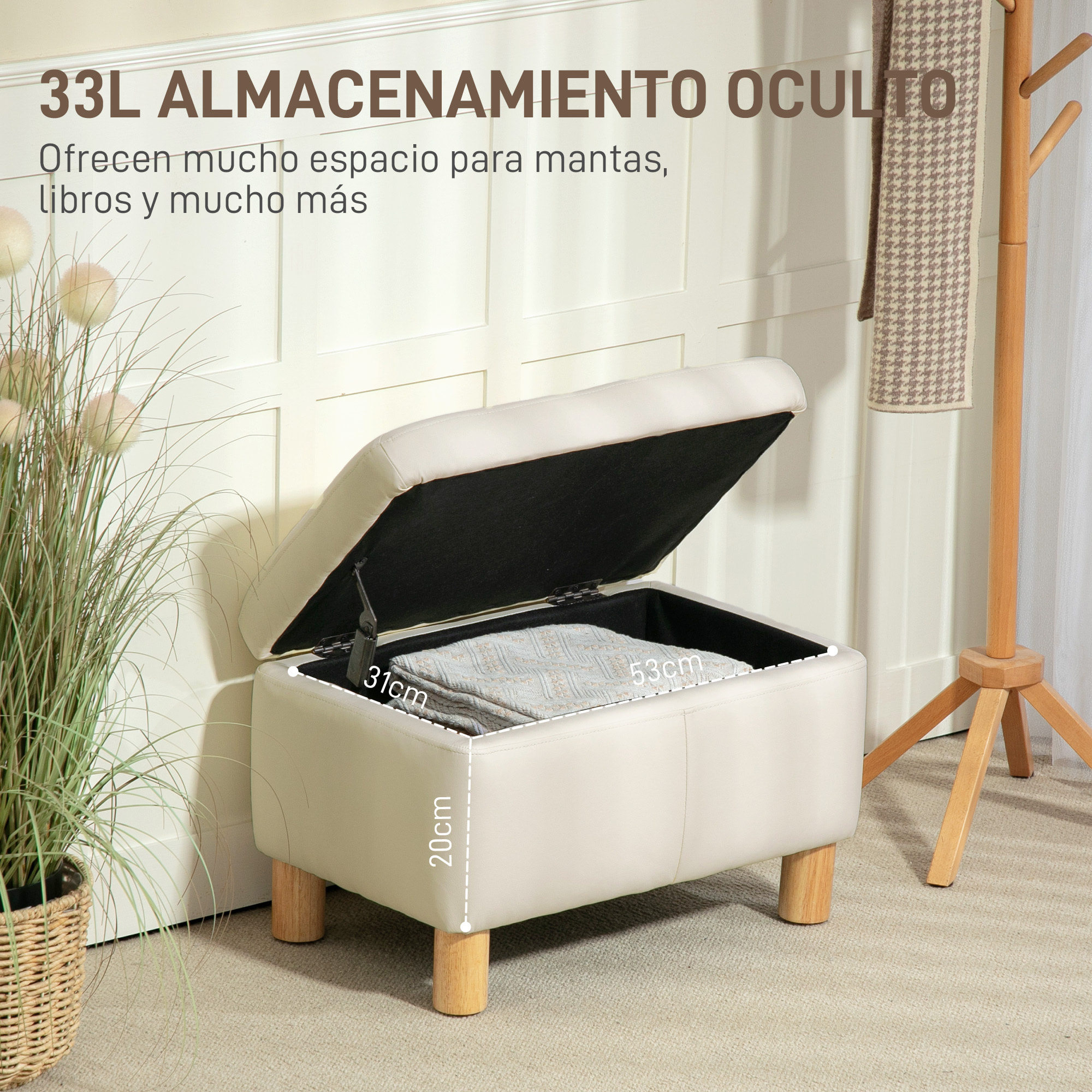 Baúl de Almacenaje para Dormitorio 33L Puff Almacenaje Tapizado en PU Banco de Almacenaje con Patas de Madera para Pasillo Salón 60x38x40 cm Crema