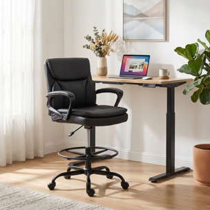 Silla de Escritorio Alta, Silla de Dibujo Ergonómica con Reposapiés Ajustable, Altura Regulable, Ruedas Giratorias, Tapizado en PVC para Oficina, Estudio, Negro