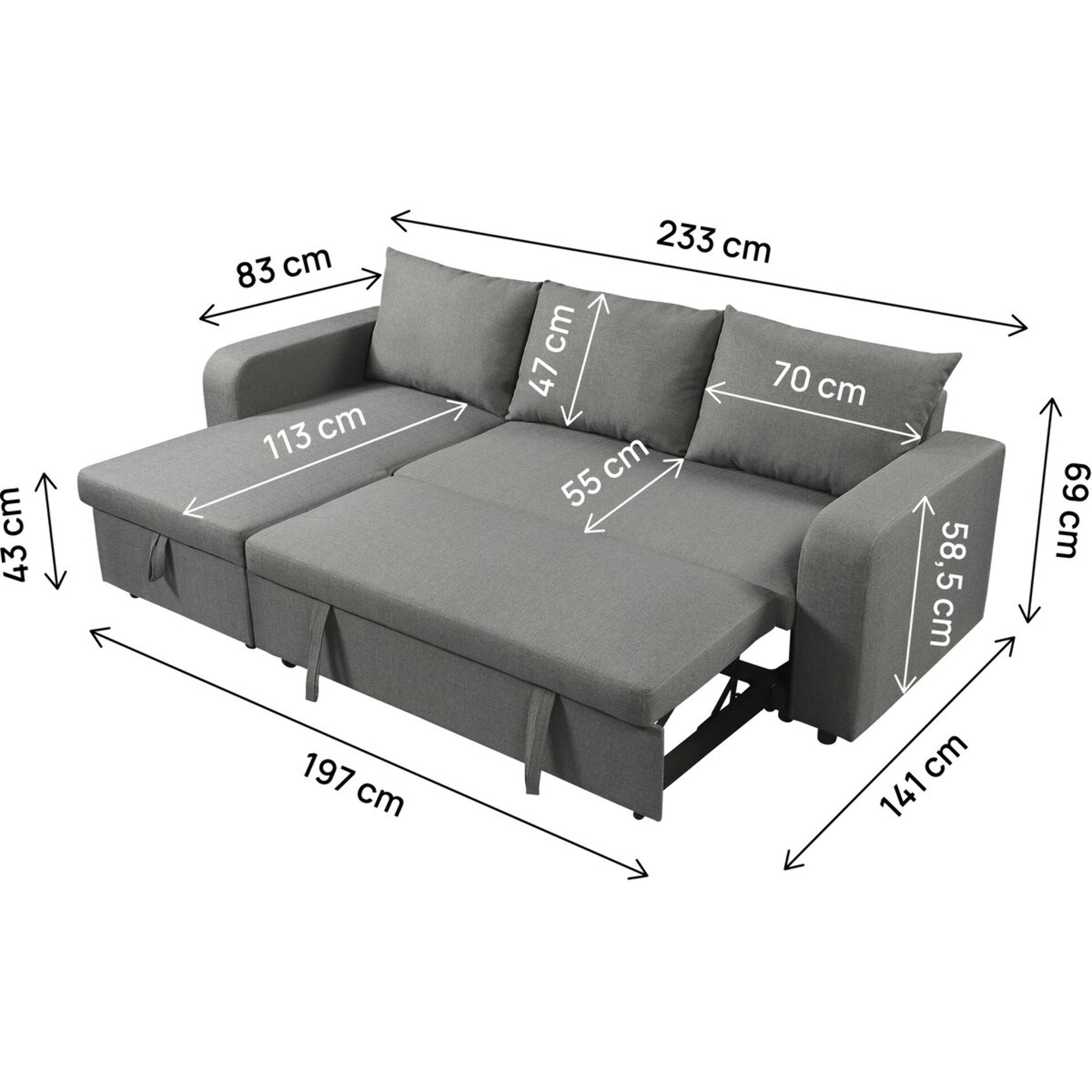 Canapé d'angle réversible/convertible en tissu "Victor" - 3 places - Gris
