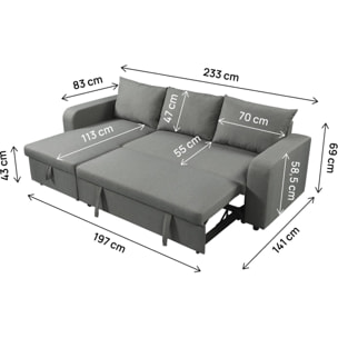 Canapé d'angle réversible/convertible en tissu "Victor" - 3 places - Gris