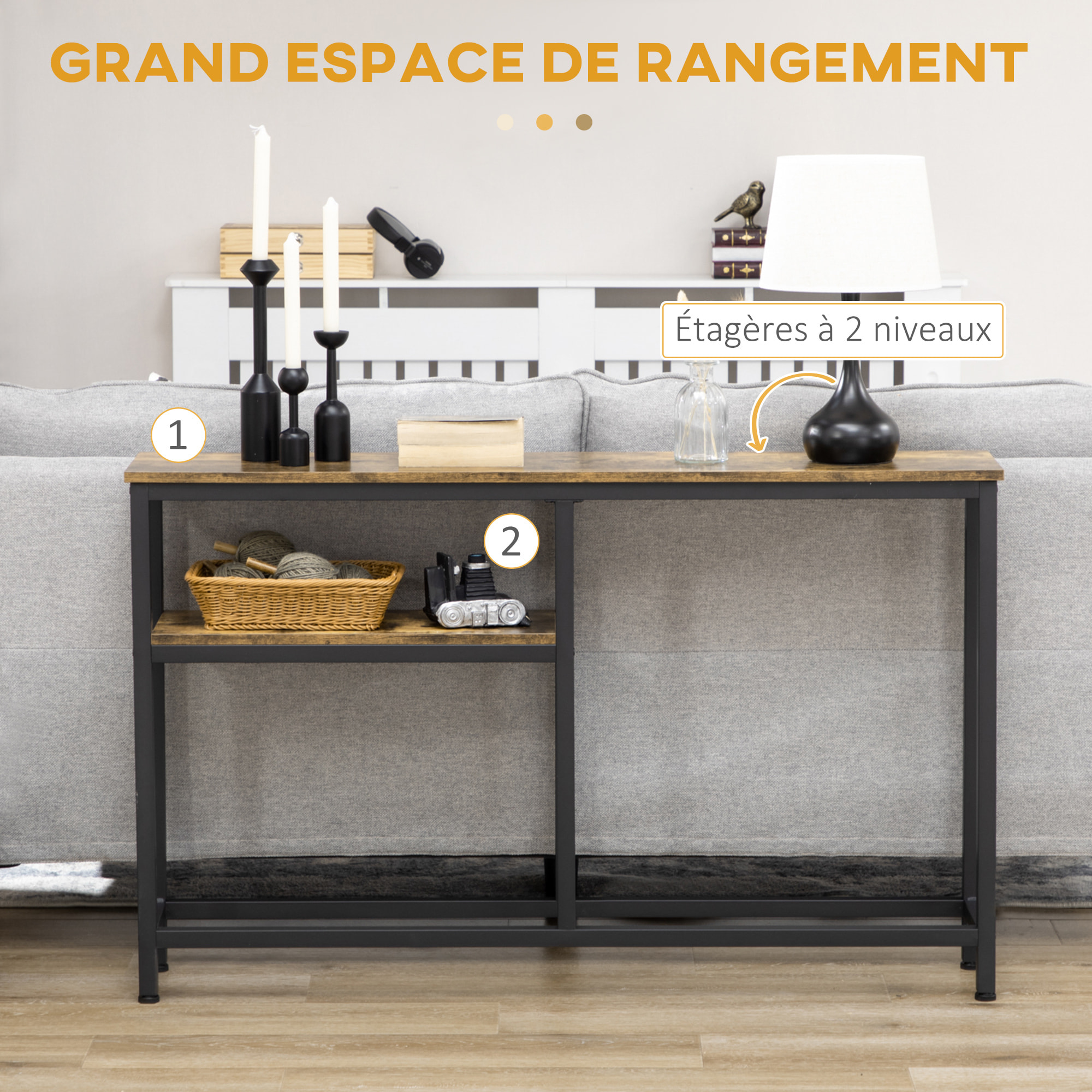 Console design industriel 2 étagères acier noir panneaux aspect bois vieilli