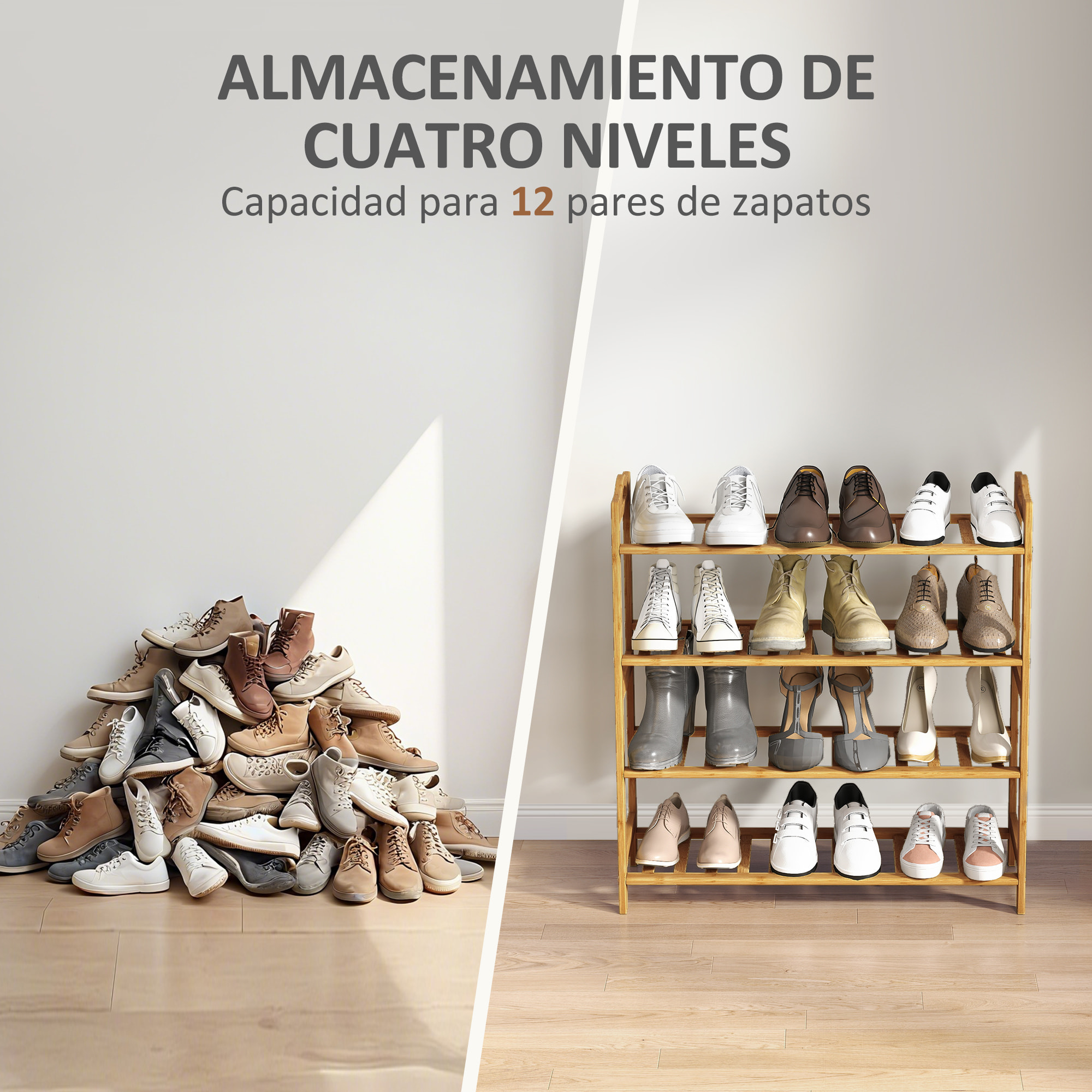 Zapatero de 4 Niveles Estantería para Zapatos de Bambú para 12 Pares de Zapatos para Entrada Pasillo Dormitorio 67,5x24,7x72 cm Natural
