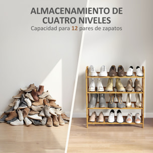 Zapatero de 4 Niveles Estantería para Zapatos de Bambú para 12 Pares de Zapatos para Entrada Pasillo Dormitorio 67,5x24,7x72 cm Natural