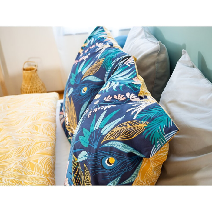 Parure housse de couette coton bleu fonce